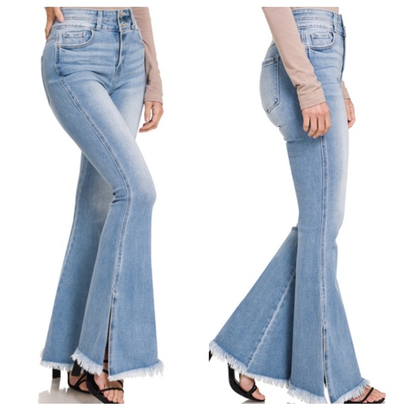 23 Chic Side Slit Frayed Hem Flare Wide Leg Jeans - Picture 1 of 5